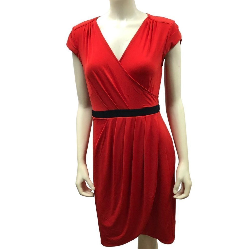 NEW YORK & COMPANY RED V-NECK CAP SLEEVE SHEATH DRESS SIZE MD
